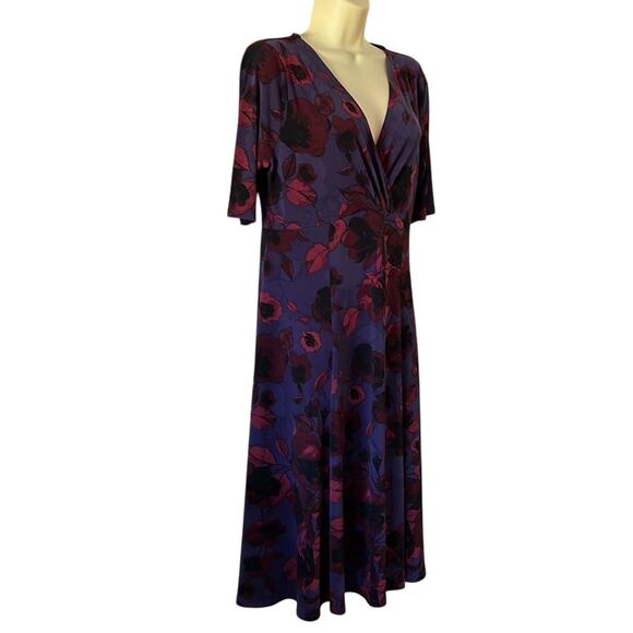 George Purple Floral Print Knit Dress Woman Size Large 12/14 Surplice Full Skirt - Picture 2 of 10